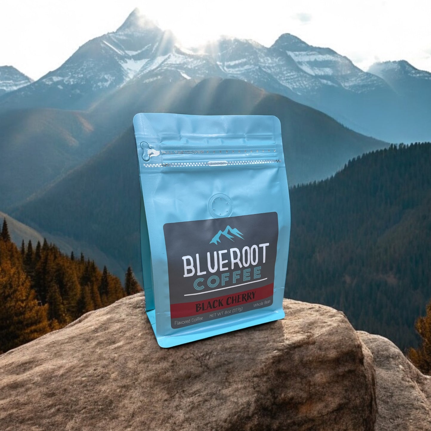 BlueRoot Coffee package on a rock with mountains in the background