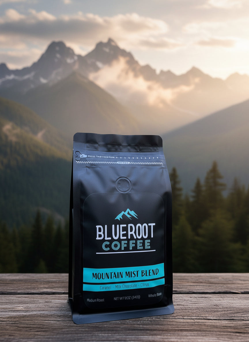 Blueroot Coffee Mountain Mist Blend package on a wooden surface with a forest background