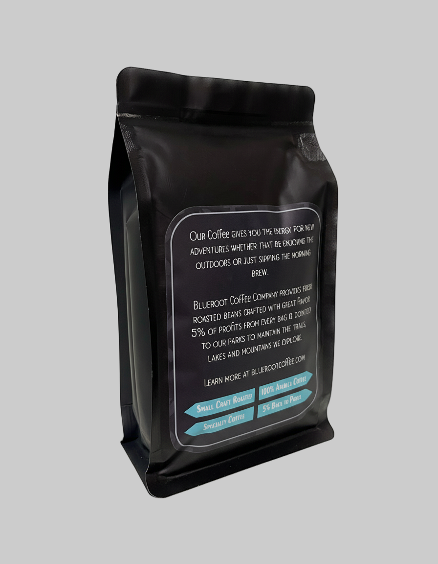 Black coffee bag with text on a white background
