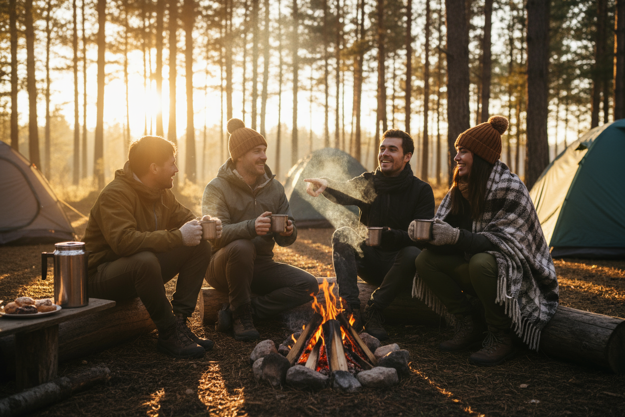 Friends around campfire with morning coffee