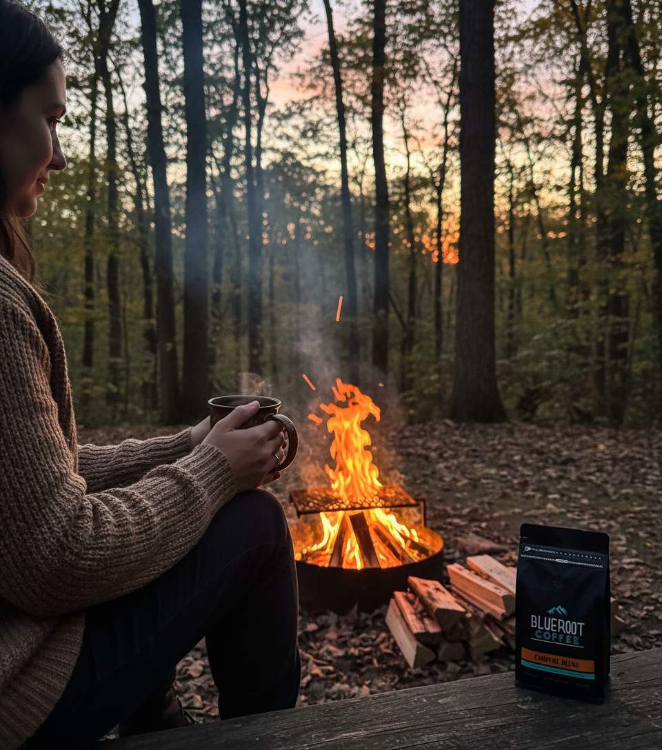 Coffee by campfire at dusk