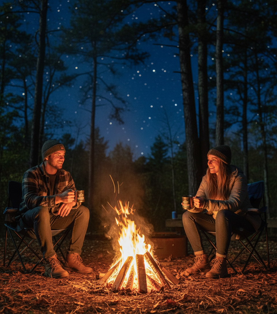 Friends sharing coffee around campfire at night
