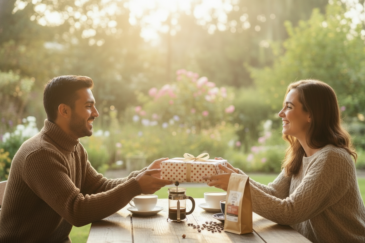 Gift giving moment with coffee