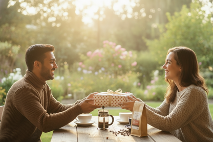 Gift giving moment with coffee