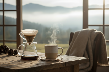 Morning mist coffee scene