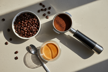 Overhead flat lay of espresso setup